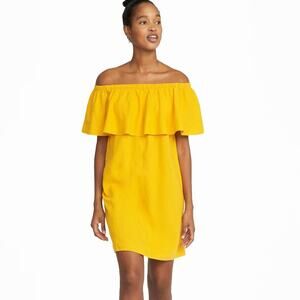 Old Navy Linen Blend Shift Dress Small Yellow Off Shoulder Ruffle Neck Mustard